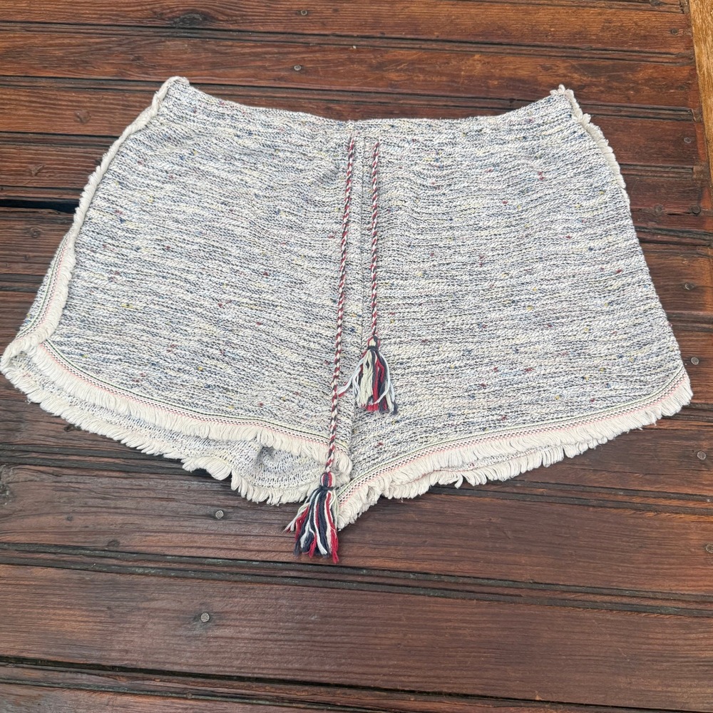 Chelsea & Violet Women Confetti Tweed Fringe Knit Shorts Tassel Drawstring S